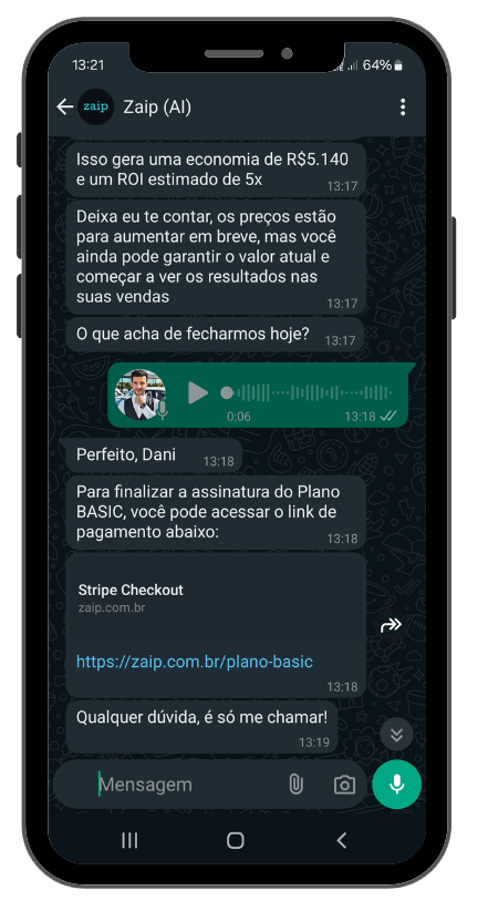 Conversa no WhatsApp em que a IA da Zaip envia um link de pagamento para o cliente concluir a assinatura.