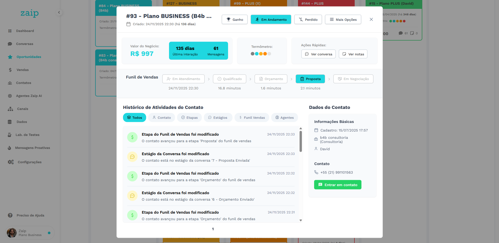 Tela detalhada do CRM da Zaip mostrando histórico de atividades do contato e tempo gasto em cada etapa do funil.