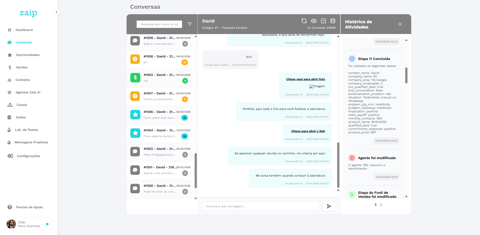 Tela da Zaip mostrando conversa, classificação automática e histórico de atividades do lead.