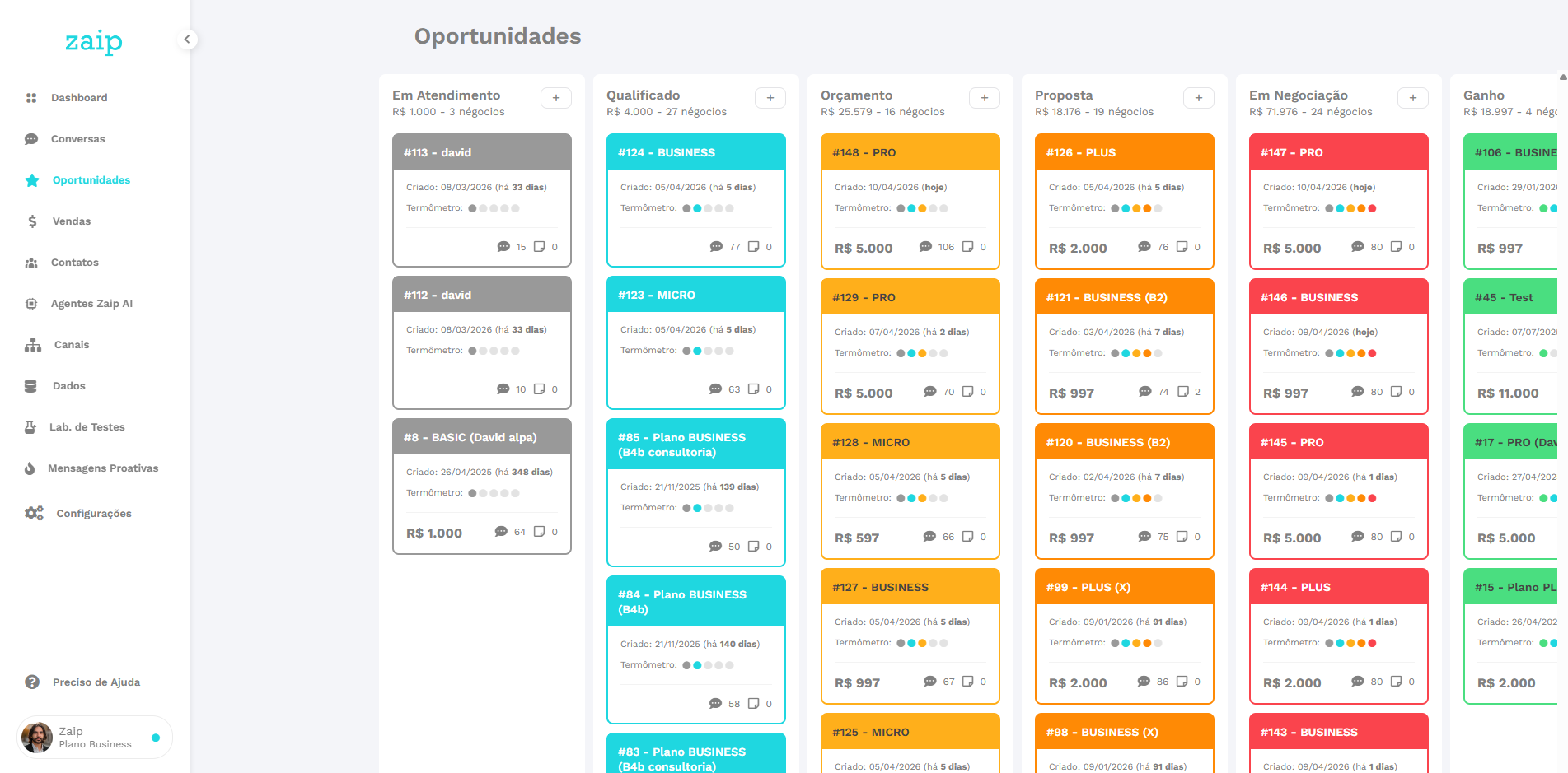 Tela de oportunidades da Zaip com o CRM organizado por etapas do funil de vendas.